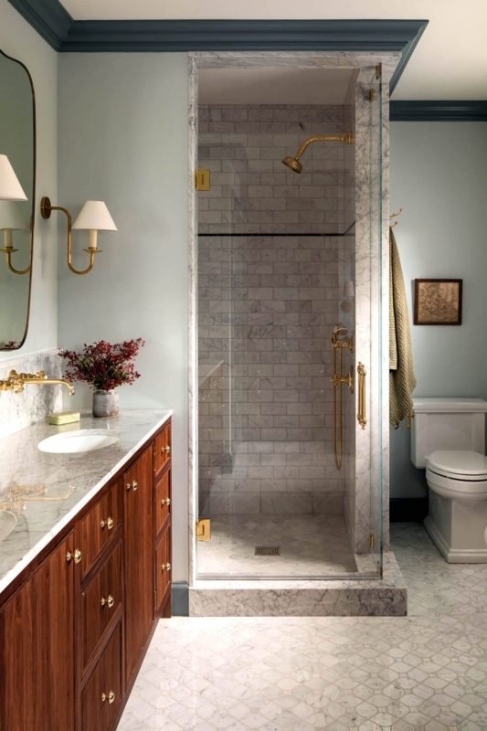 Traditional Marble Walk-In Shower with Navy Crown Molding