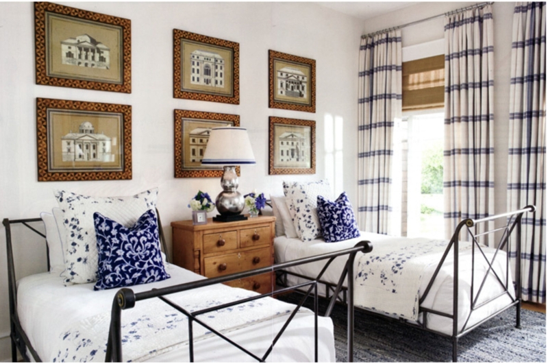 Traditional Navy Twin Bedroom with Architectural Gallery Wall and Plaid