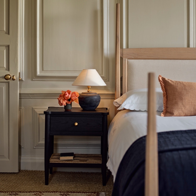Traditional Nightstand with Drawer, Dark Wood Contrast and Woven Shelf