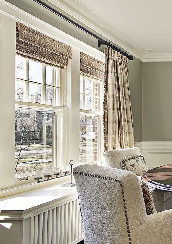 Traditional Plaid Drapes Layered Over Woven Wood Blinds