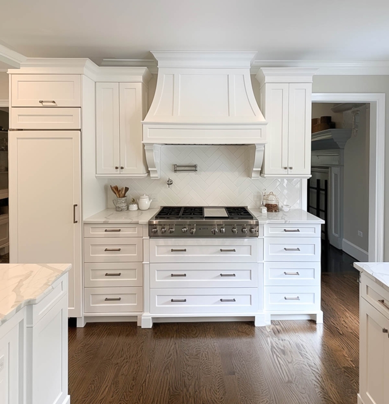 Traditional White Kitchen Cabinets with Chevron Tile Backsplash & Hood