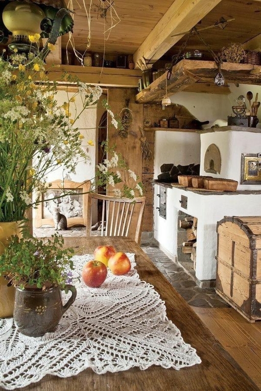 Traditional Wood-Fired Oven Decor In Rustic Cottage Kitchen