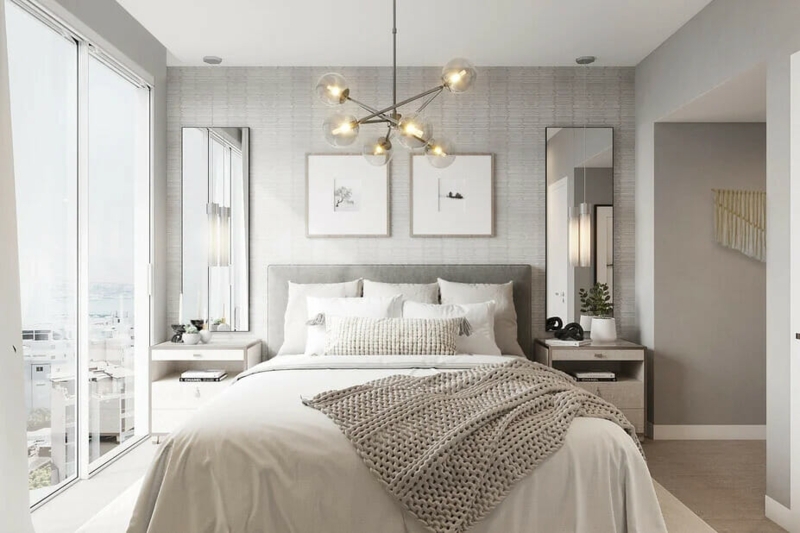 Tranquil Bedroom Decor: Sputnik Chandelier & Tall Vertical Mirrors