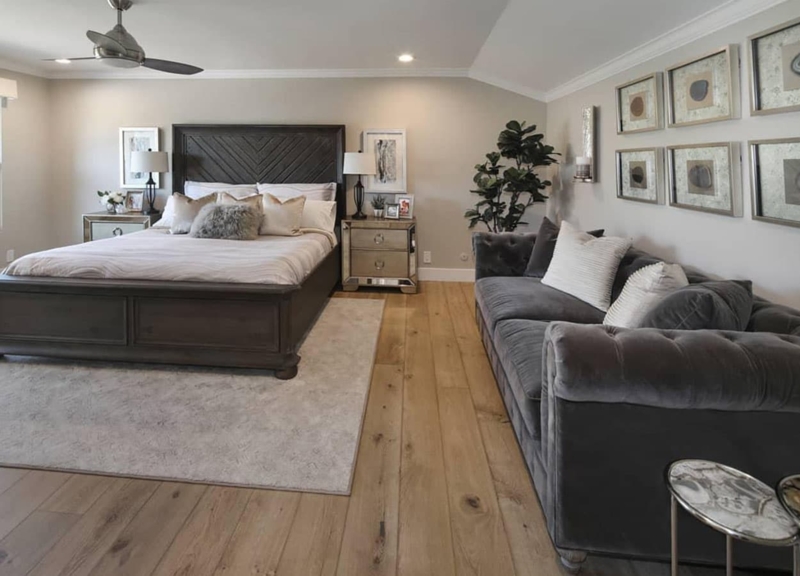 Transitional Basement Suite: Chevron Headboard and Mirrored Nightstands