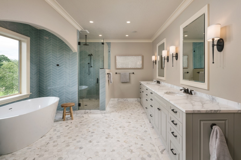 Transitional Bathroom Design with Blue Chevron Tile Feature Wall