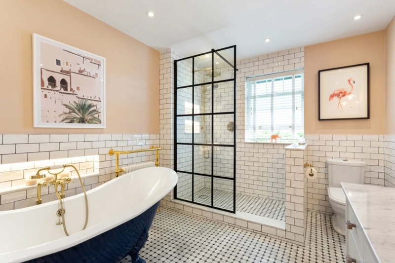 Transitional Bathroom: Navy Clawfoot Tub & Peach Wall Color