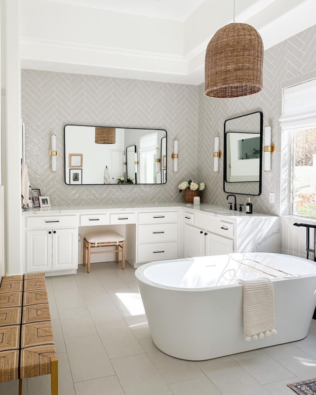 Transitional Bathroom with Grey Herringbone Tile and Woven Pendant Light