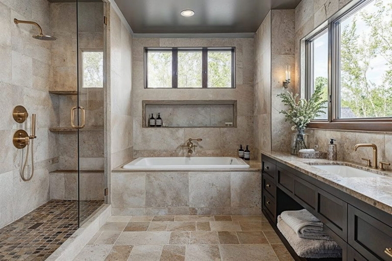 Transitional Bathroom with Travertine Tile and Gold Hardware