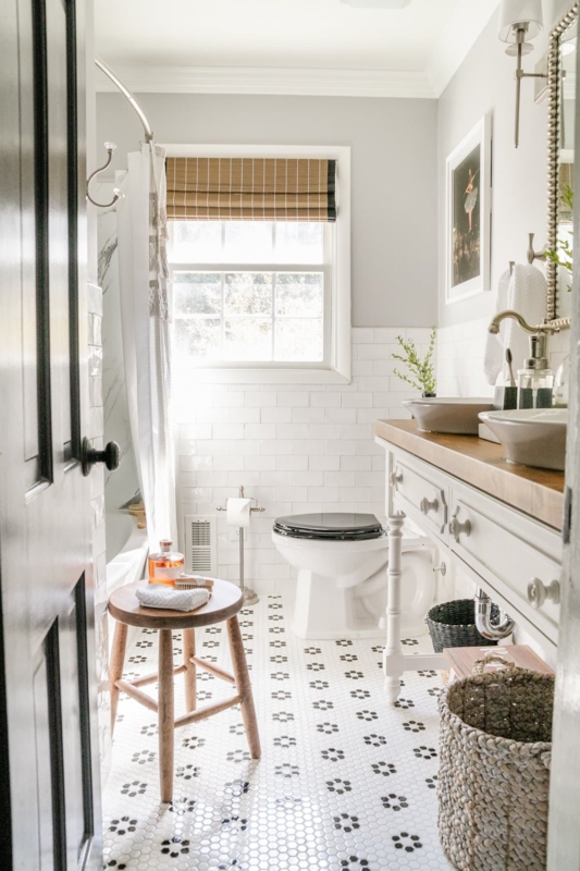 Transitional Bathroom Wood Vanity Top, Hexagon Mosaic Floor. Vintage Tile Pattern.