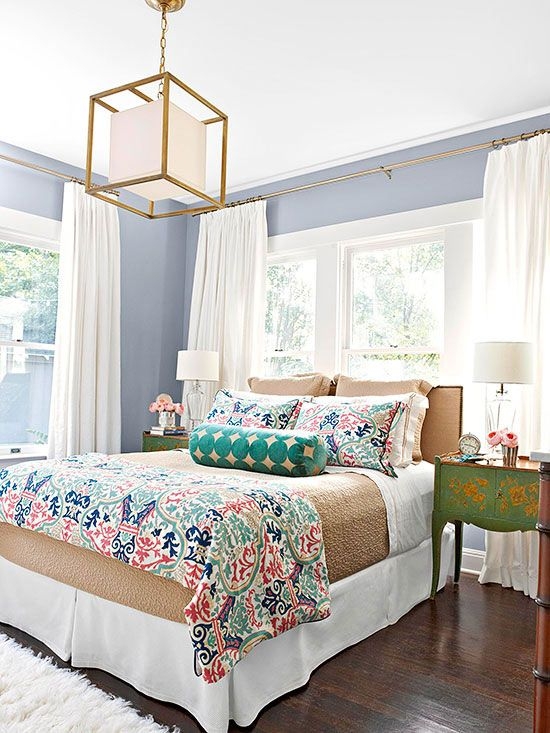 Transitional Bed with Dusty Blue Walls and Gold Geometric Pendant