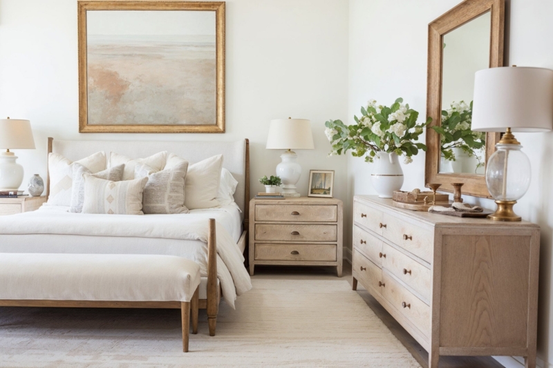 Transitional Bed with Mixed Wood Tones and Layered Neutral Textures