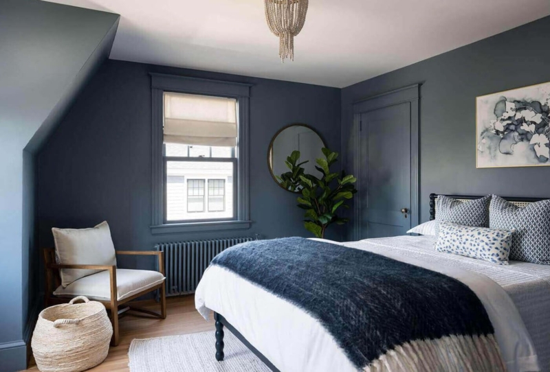 Transitional Bedroom Decor Featuring Monochromatic Navy Trim and Walls