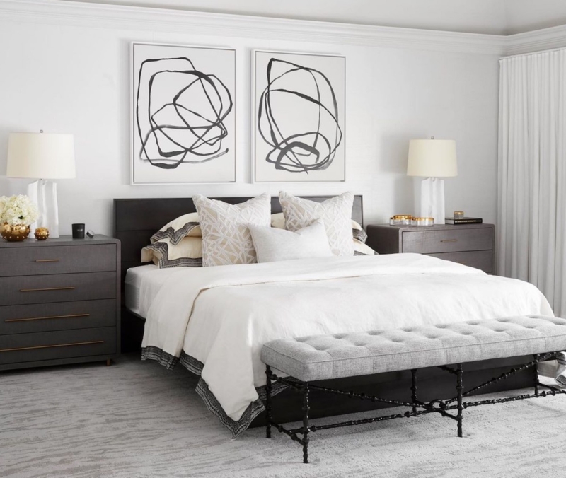 Transitional Bedroom with Dark Wood Furniture and Abstract Diptych Art