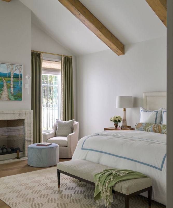 Transitional Bedroom with Vaulted Ceiling and Marble Fireplace