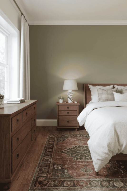 Transitional Bedroom with Wood Furniture and Traditional Area Rug