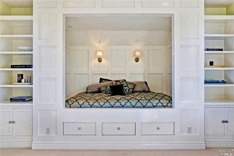 Transitional Built-In Alcove Bed With Storage Drawers And Sconces