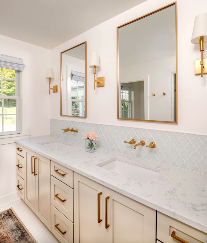 Transitional Cream Double Vanity with Arabesque Tile Backsplash