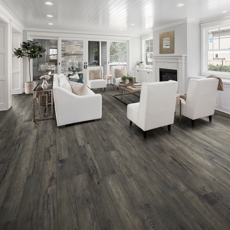 Transitional Dark Grey Wood Floor Living Room with White Furniture
