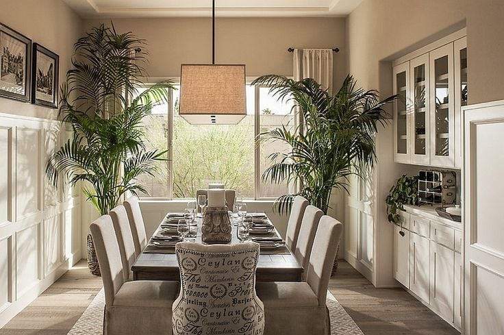 Transitional Dining Room with Script Upholstery Chairs