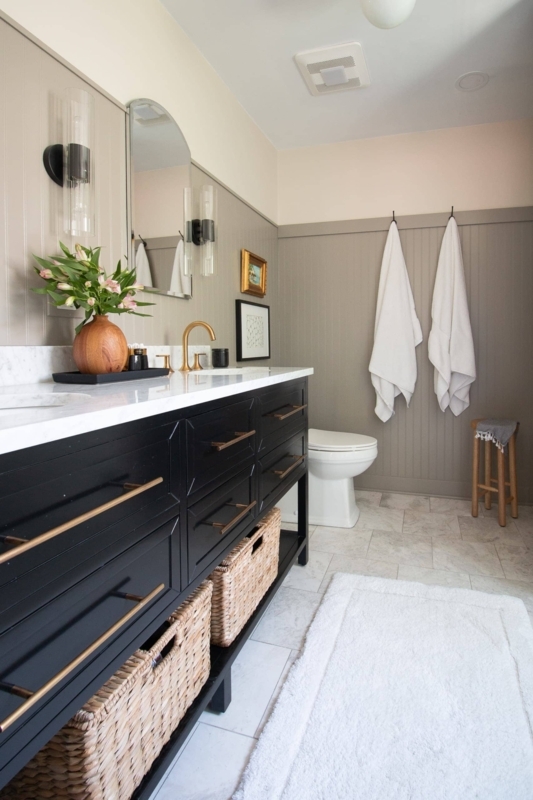 Transitional Double Vanity against Grey Beadboard Wainscoting