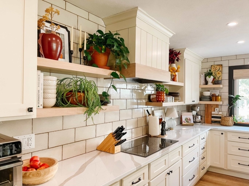 Transitional Floating Shelves with Wood Accented Vent Hood