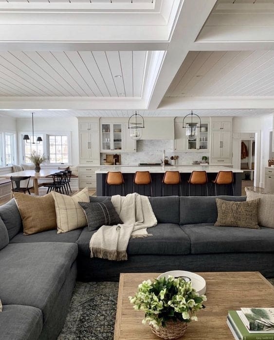 Transitional Grey Floor: Charcoal Sectional & Coffered Shiplap Ceiling