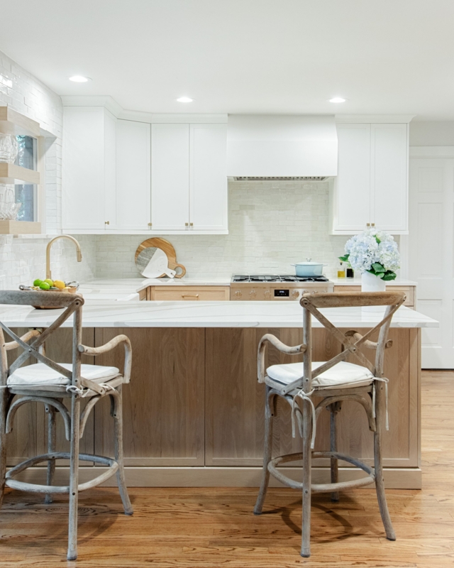 Transitional Kitchen Layout: Waterfall Island & Weathered X-Back Stools