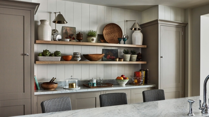 Transitional Kitchen with Beaded Board Wall and Floating Shelves