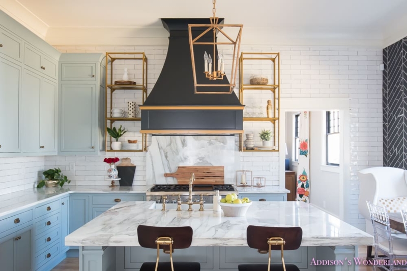 Transitional Kitchen with Blue-Gray Cabinets and Black Range Hood