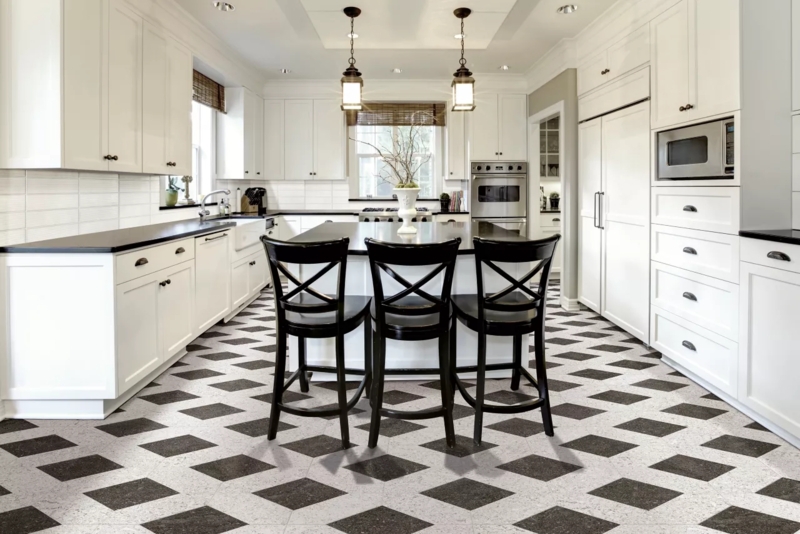 Transitional Kitchen with Diamond Pattern Floor and Black Island Contrast