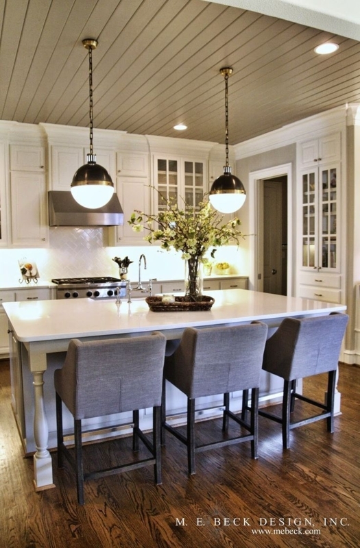 Transitional Kitchen with Paneled Ceiling and Upholstered Island Seating