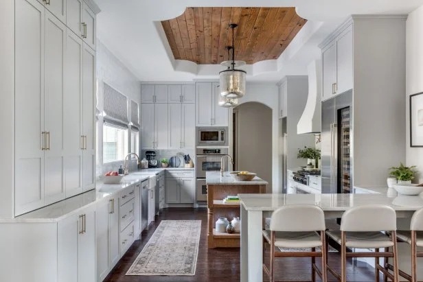 Transitional Kitchen with Wood Paneled Tray Ceiling and Grey Cabinetry