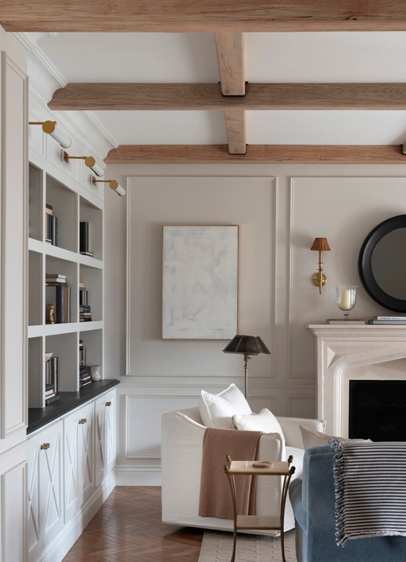 Transitional Living Room: Exposed Beams, Herringbone Floor & Molding