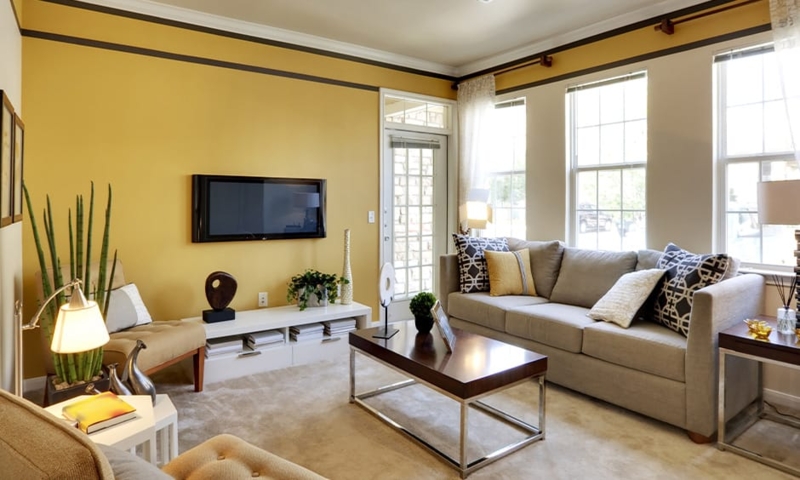 Transitional Living Room featuring Mustard Yellow Accent Wall with Trim
