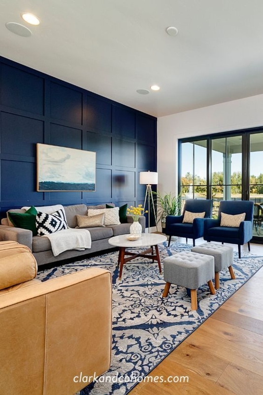 Transitional Living Room featuring Navy Blue Board and Batten Wall