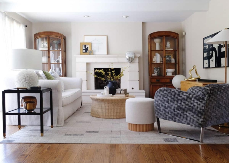 Transitional Living Room Fireplace With Arched Cabinets