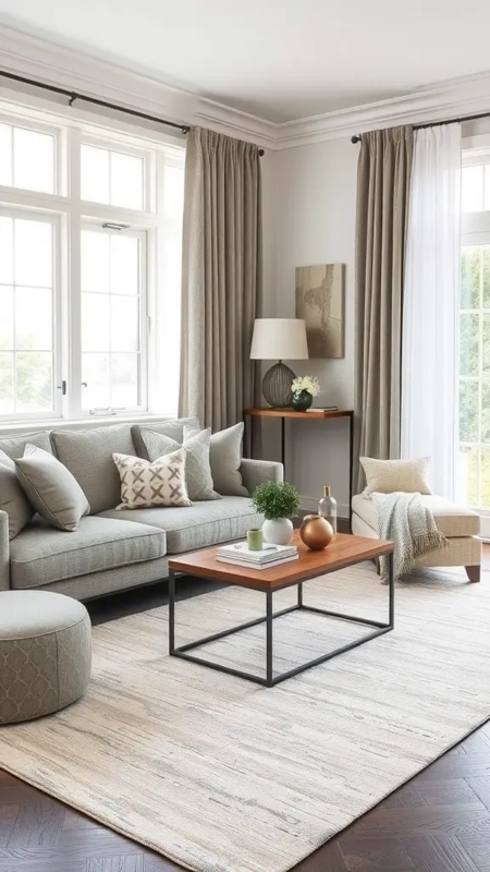 Transitional Living Room Layout with Herringbone Floor and Mixed Seating
