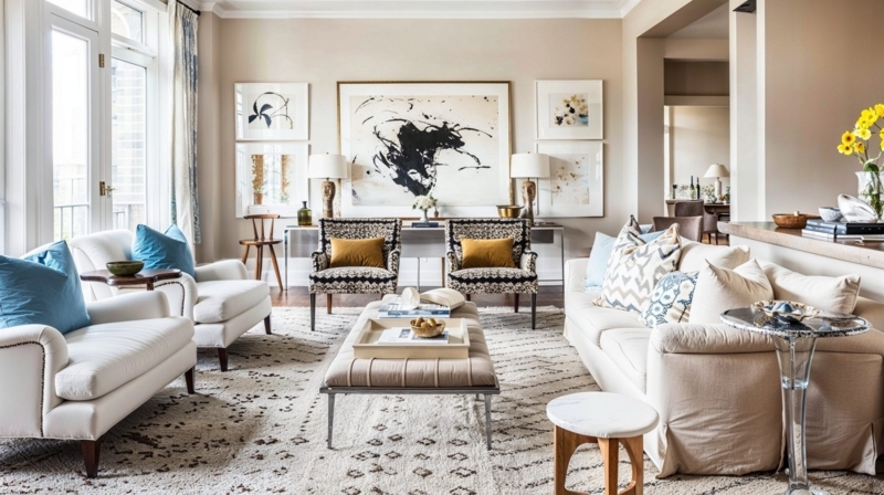 Transitional Living Room: Symmetrical Seating & Large Abstract Painting