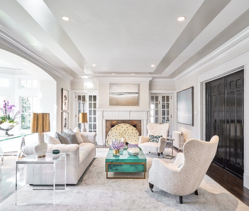 Transitional Living Room Tiered Tray Ceiling Design