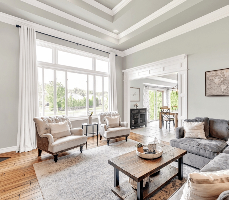 Transitional Living Room: Tray Ceiling and Large Picture Window Ideas