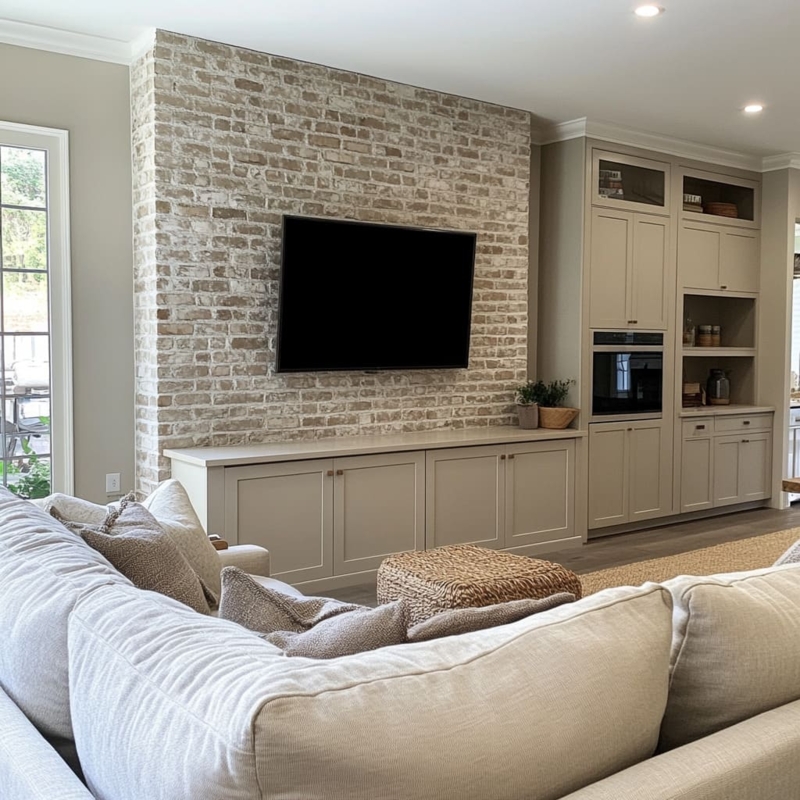 Transitional Living Room: Whitewashed Brick Wall & Taupe Built-Ins