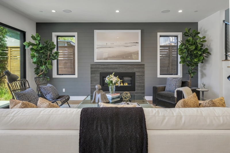 Transitional Living Room with Grey Shiplap Fireplace Wall