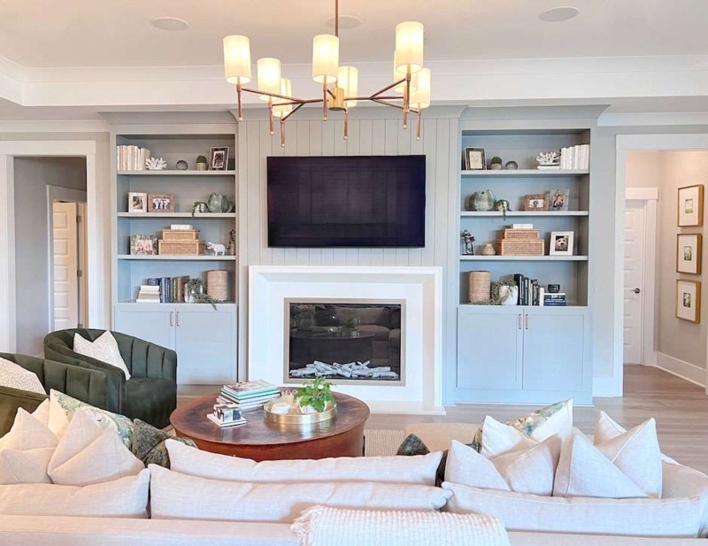 Transitional Living Room with Vertical Shiplap Fireplace and Built-ins
