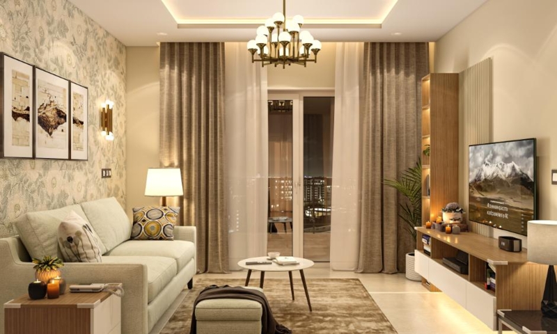 Transitional Living Room with Wallpaper and Brass Globe Chandelier
