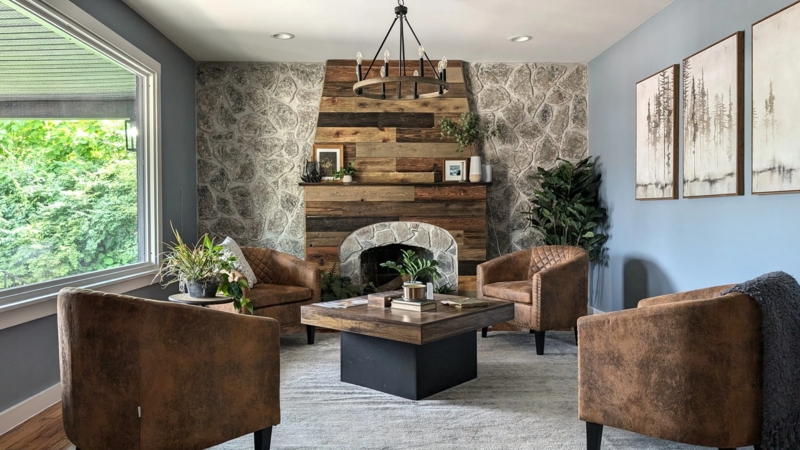 Transitional Lounge featuring Mixed Stone and Wood Fireplace Design