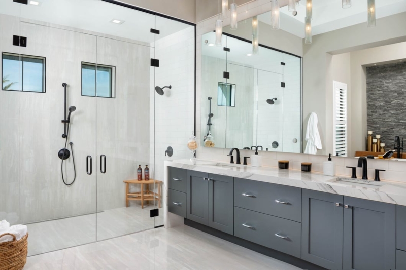 Transitional Master Bath Design with Charcoal Grey Double Vanity