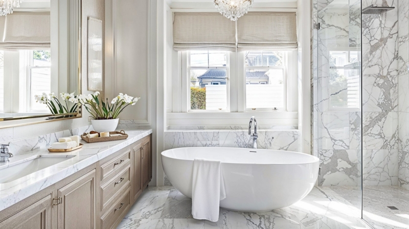 Transitional Master Bath with Roman Shades and Crystal Chandelier