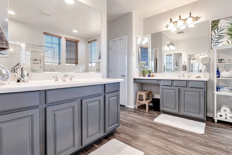 Transitional Master Bathroom with Slate Blue Vanity and Makeup Counter