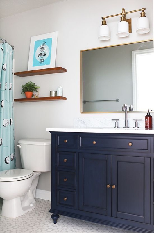 Transitional Navy Blue Vanity with Gold Hardware and Floating Shelves