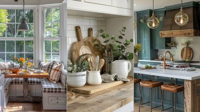Transitional Rustic Kitchen Teal Cabinetry and Banquette Window Seat